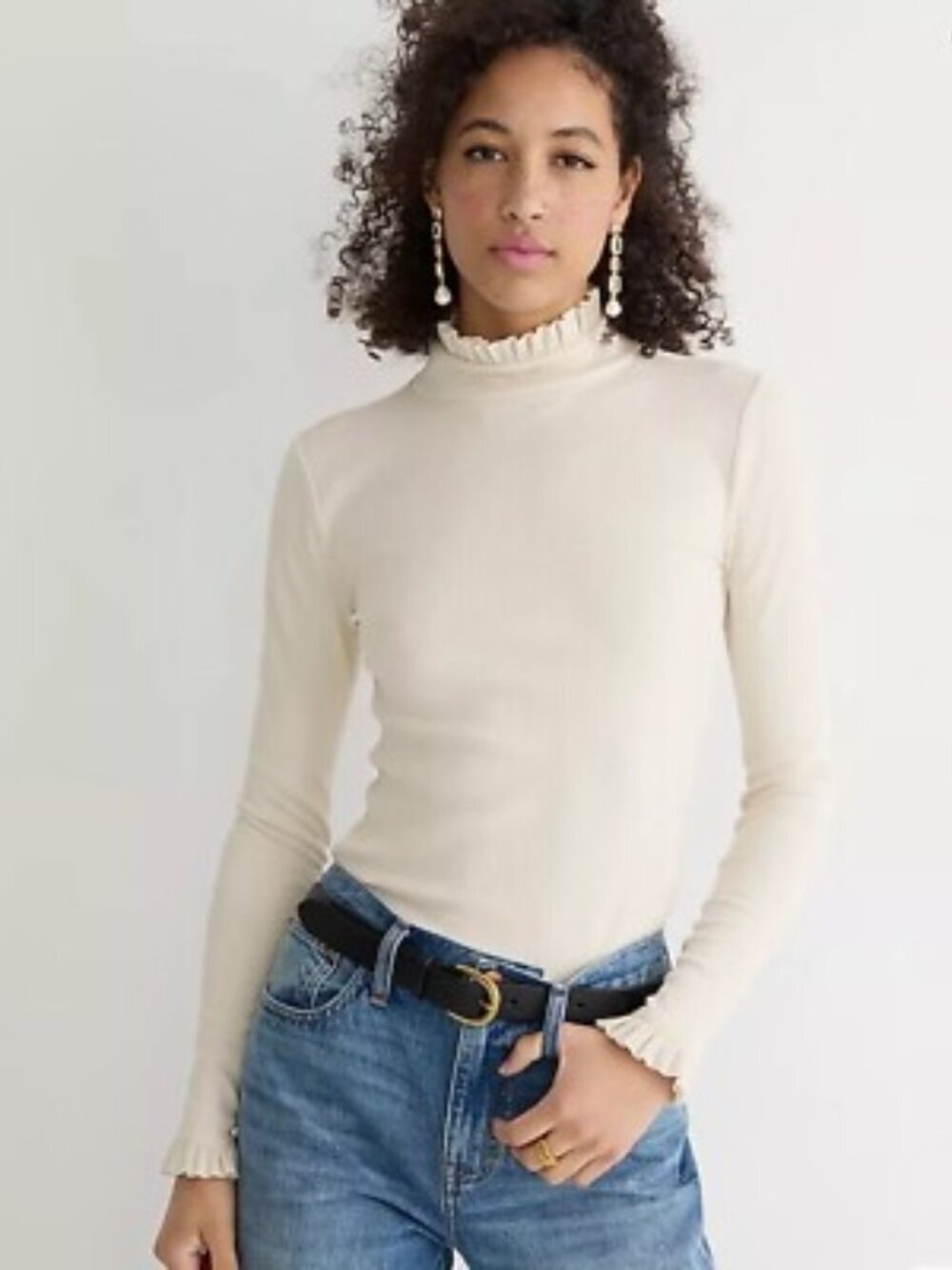 J.Crew Vintage Rib Ruffle Turtleneck Top Women's Small Cream Long Sleeve Mock Ne